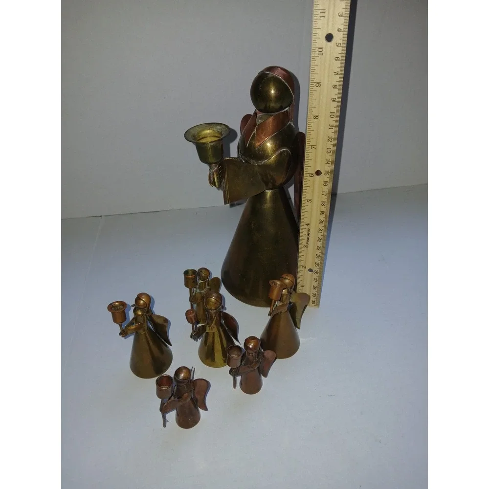 7  Vintage Rustic Copper & Brass Angel Candle Holder Set‎ Mexico Christmas Decor
